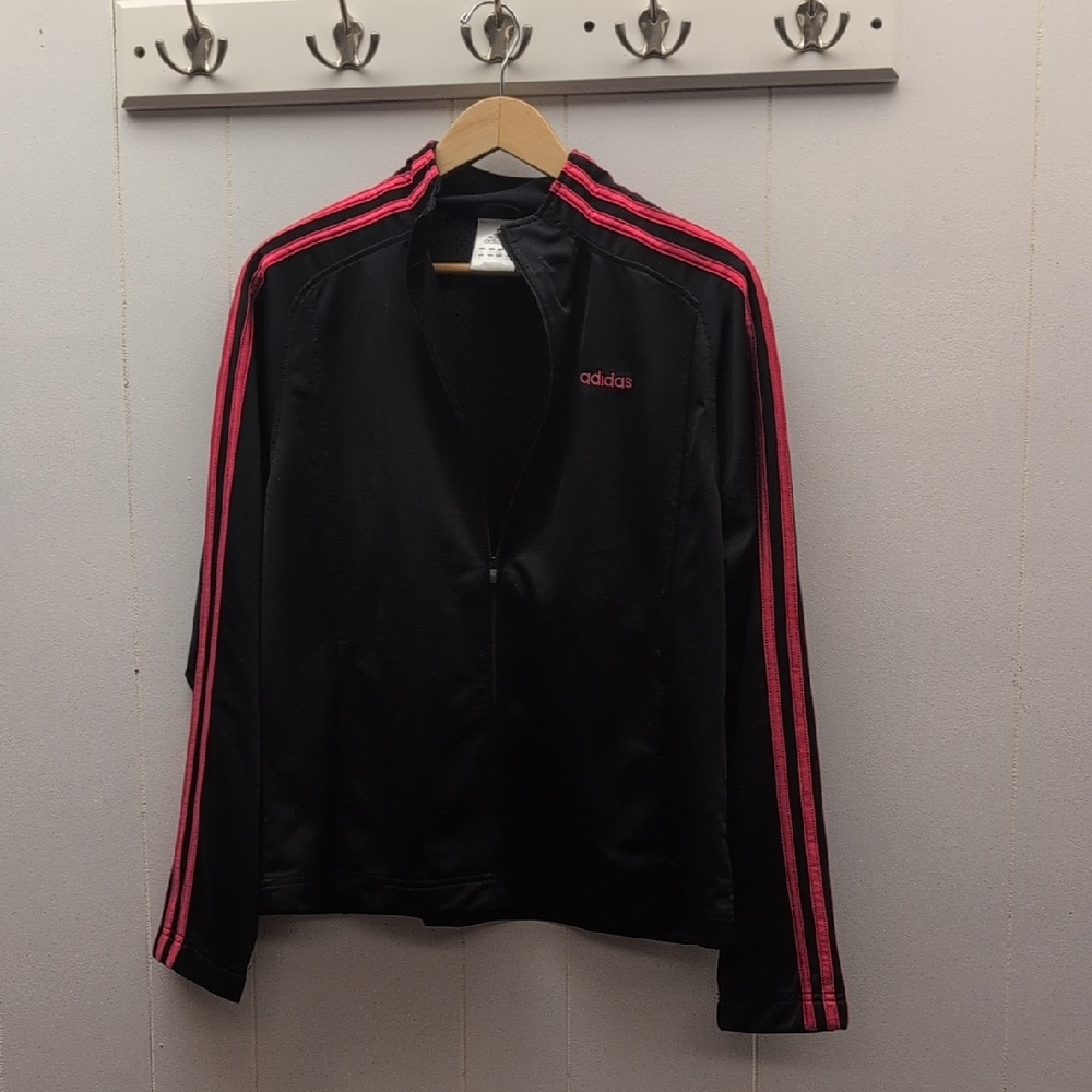 Adidas Women's Black Track Jacket with Pink (Dark) Stripes